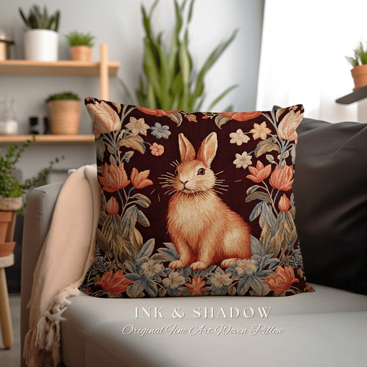 Victorian Gothic Dark Floral Rabbit Pillow Dark Academia Morris Style Botanical Cottagecore Bunny Decor Rustic Boho Rabbit Fairycore Pillow