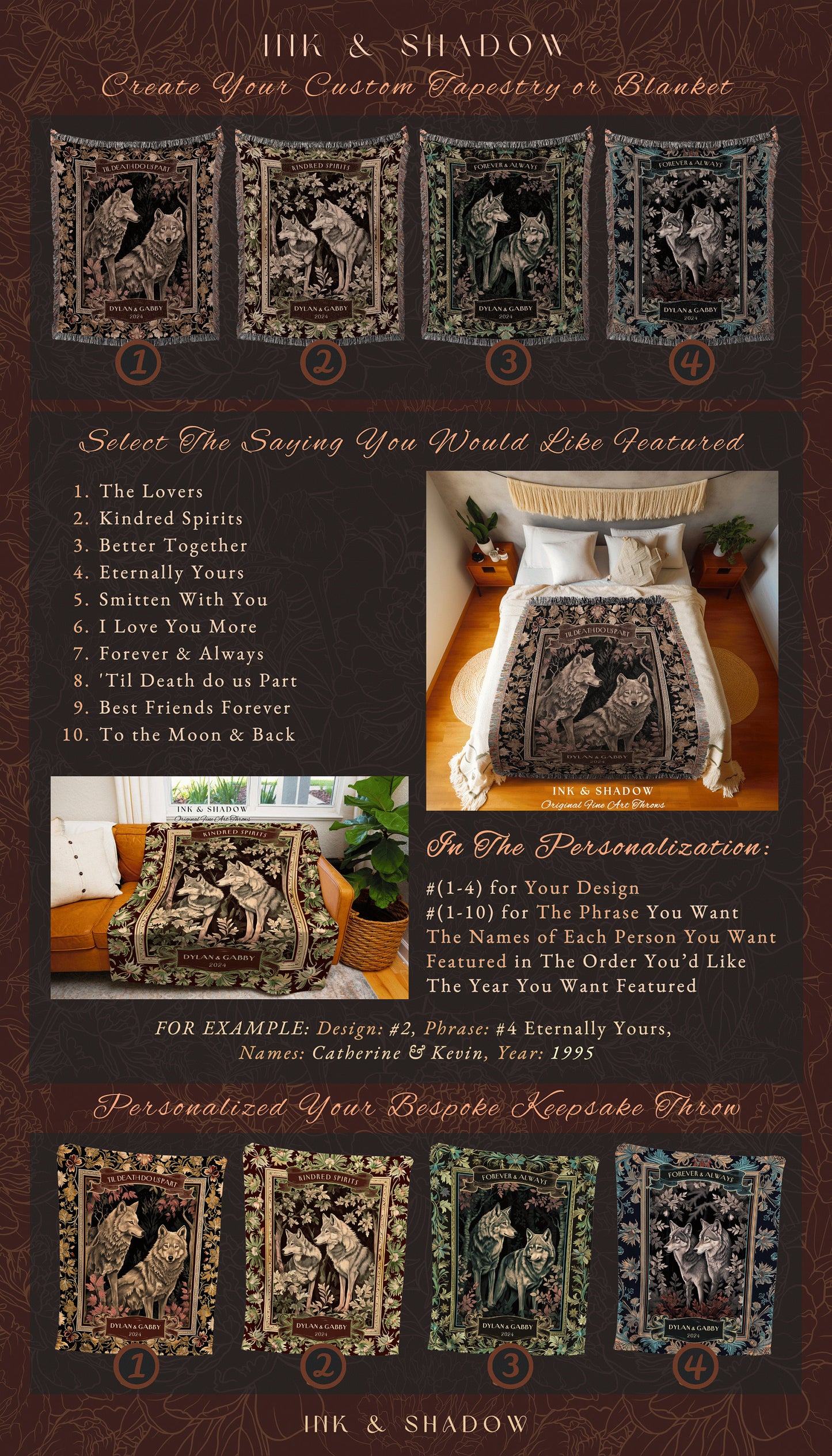 Fairycore Wolf Couple Personalized Woven Blanket | Witchy Woodland Wolf Lovers Throw Dark Floral Aesthetic Cozy Relationship Gothic Forest |