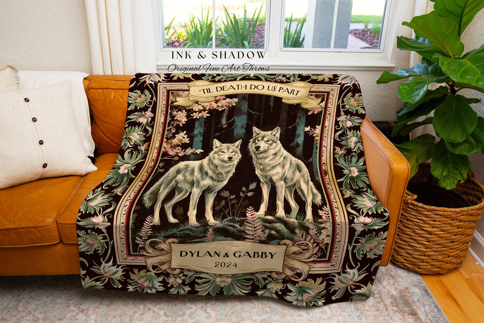 Medieval Forest Wolf Couple Blanket | His & Hers Personalized Tapestry Woodland Throw Blanket Dark Cottagecore Gift Outdoorsy Couple for Her