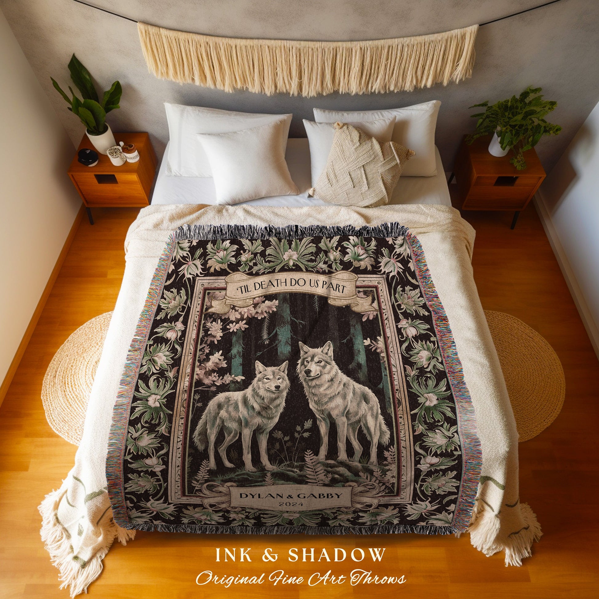 Medieval Forest Wolf Couple Blanket | His & Hers Personalized Tapestry Woodland Throw Blanket Dark Cottagecore Gift Outdoorsy Couple for Her