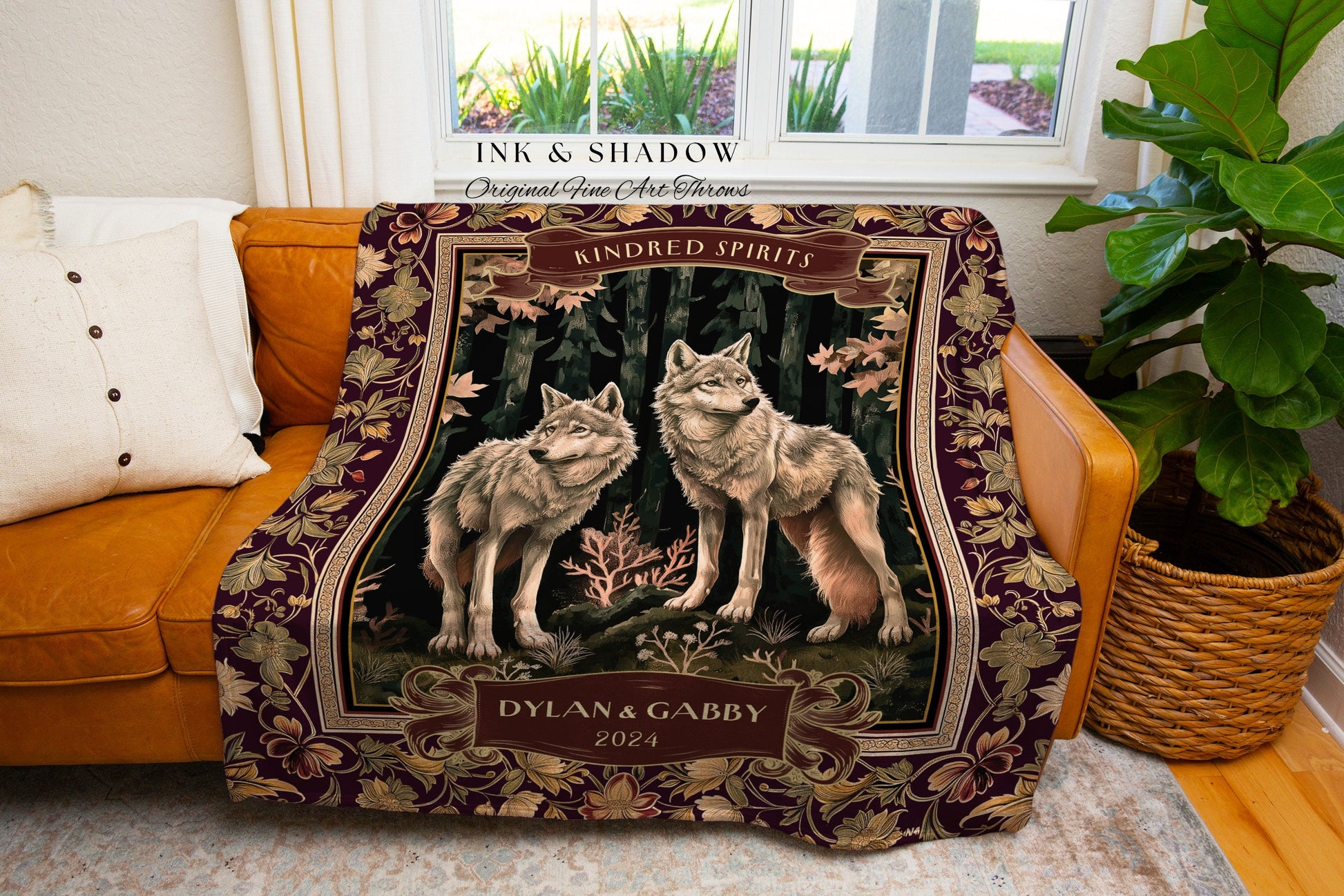 Mystic Woodland Wolf Couple Tapestry | Personalized Anniversary Meaningful Throw Blanket Dark Cottagecore Gift Outdoorsy Couple Cute Custom