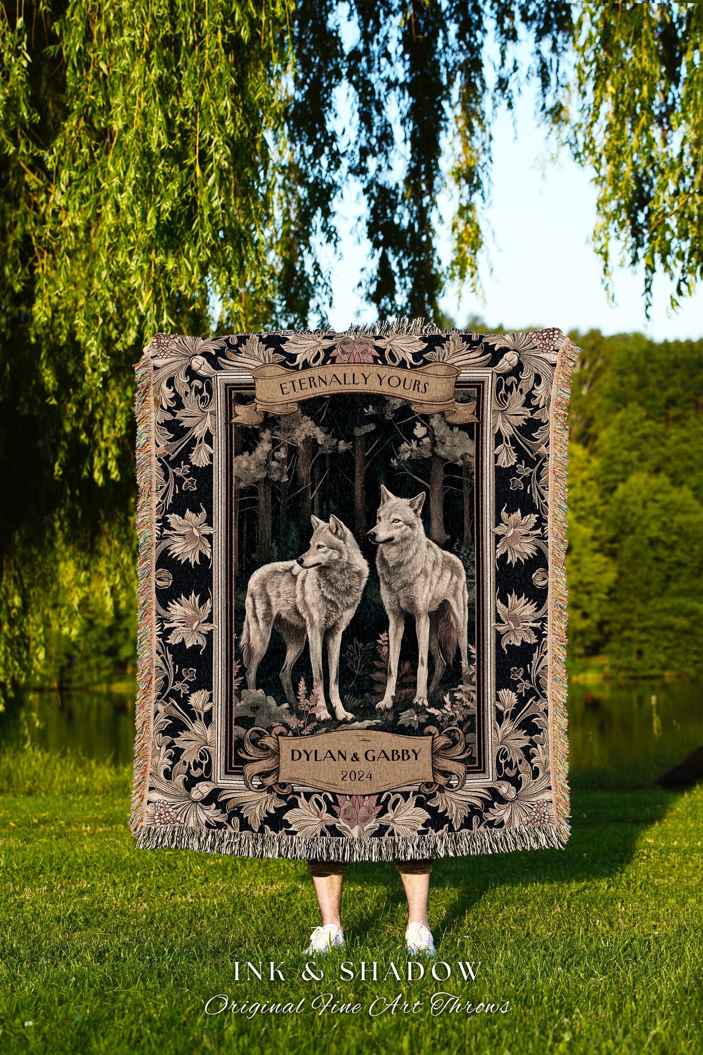 Eternally Yours Wolf Couple Cozy Throw | Golden Tarot Gothic Wolf Lover Custom Throw Blanket Dark Victorian Aesthetic Anniversary Cute Gift