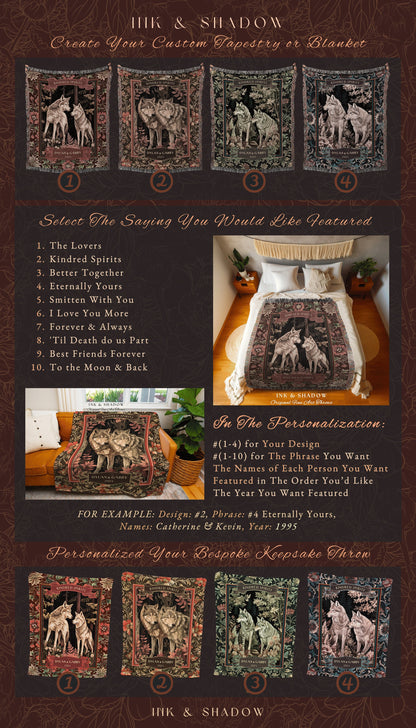 Cozy Wolf Couple Personalized Throw Blanket | Dark Woodland Wolf Lovers Throw Dark Floral Aesthetic Anniversary Relationship Gothic Forest |