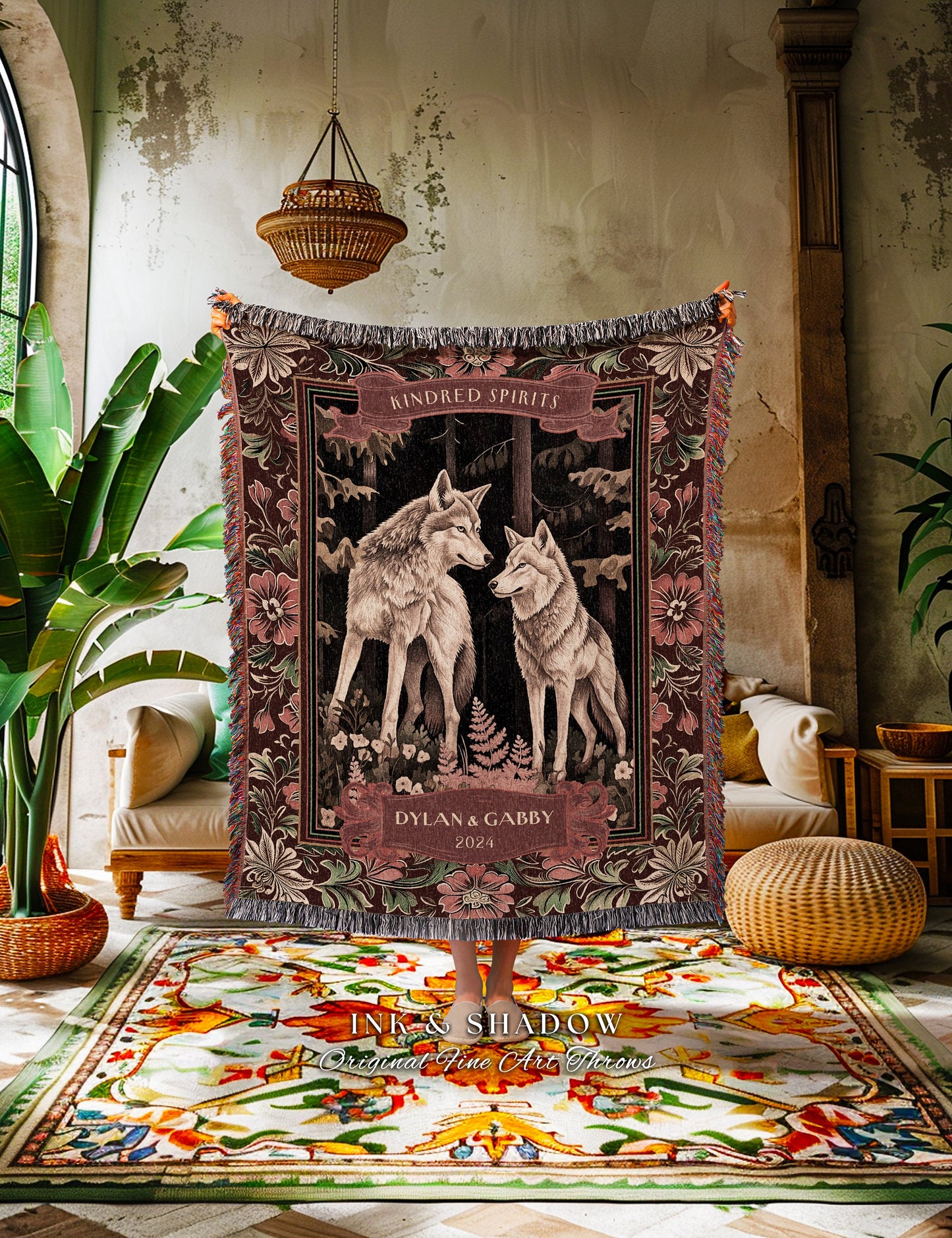 Burgundy Wedding Blanket Custom Wolf Couple | Woven Wedding Tapestry Cottagecore Throw Sentimental Cozy Aesthetic Woodland Gothic Couple |