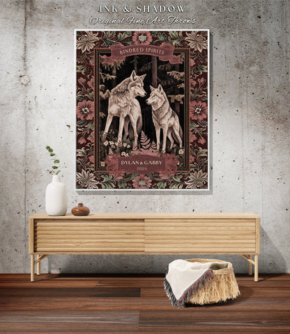 Burgundy Wedding Blanket Custom Wolf Couple | Woven Wedding Tapestry Cottagecore Throw Sentimental Cozy Aesthetic Woodland Gothic Couple |