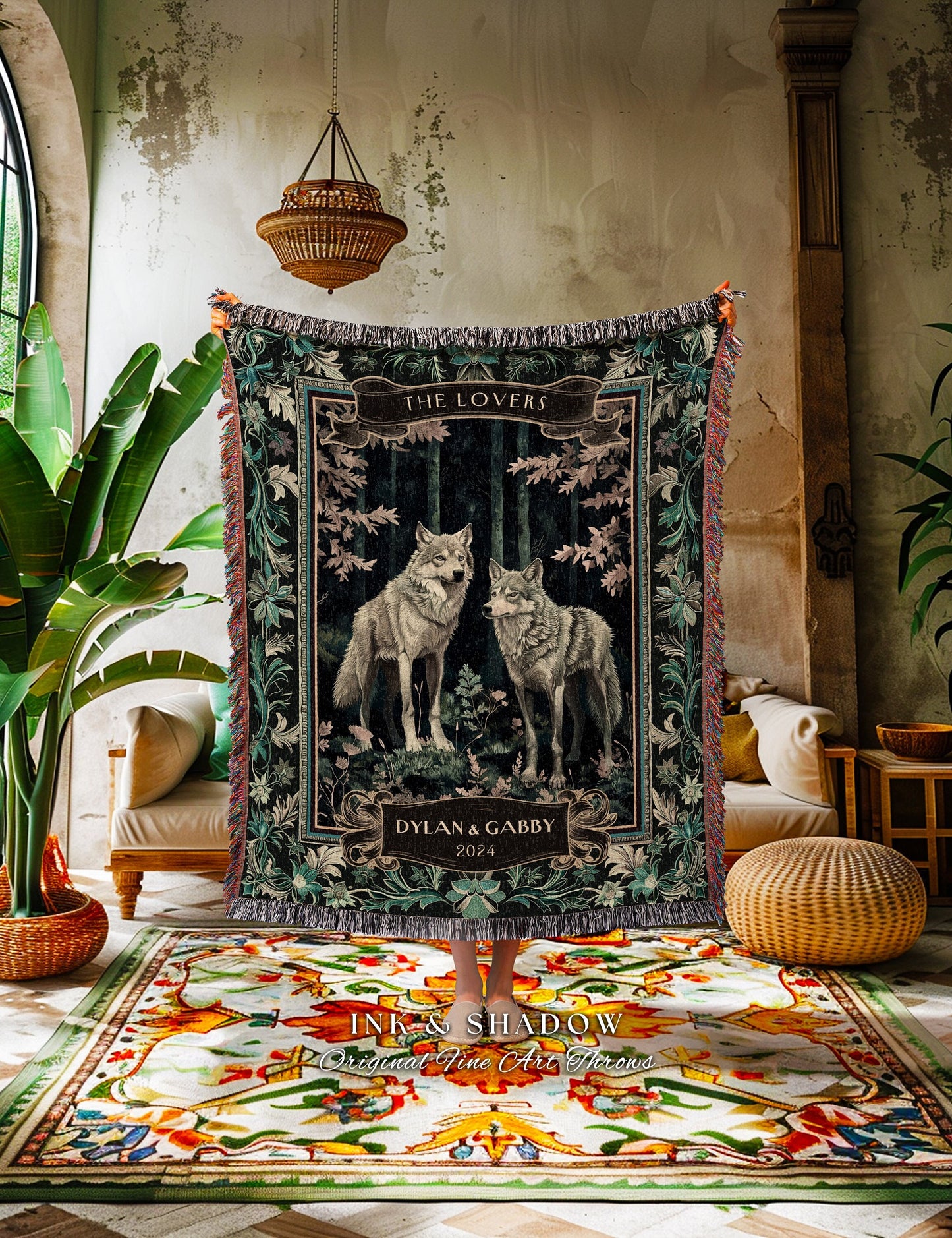 Enchanted Forest Wolf Couple Custom Blanket | Witchy Woodland Wolf Couple Throw Dark Floral Aesthetic Cozy Relationship Gothic Couple Gifts