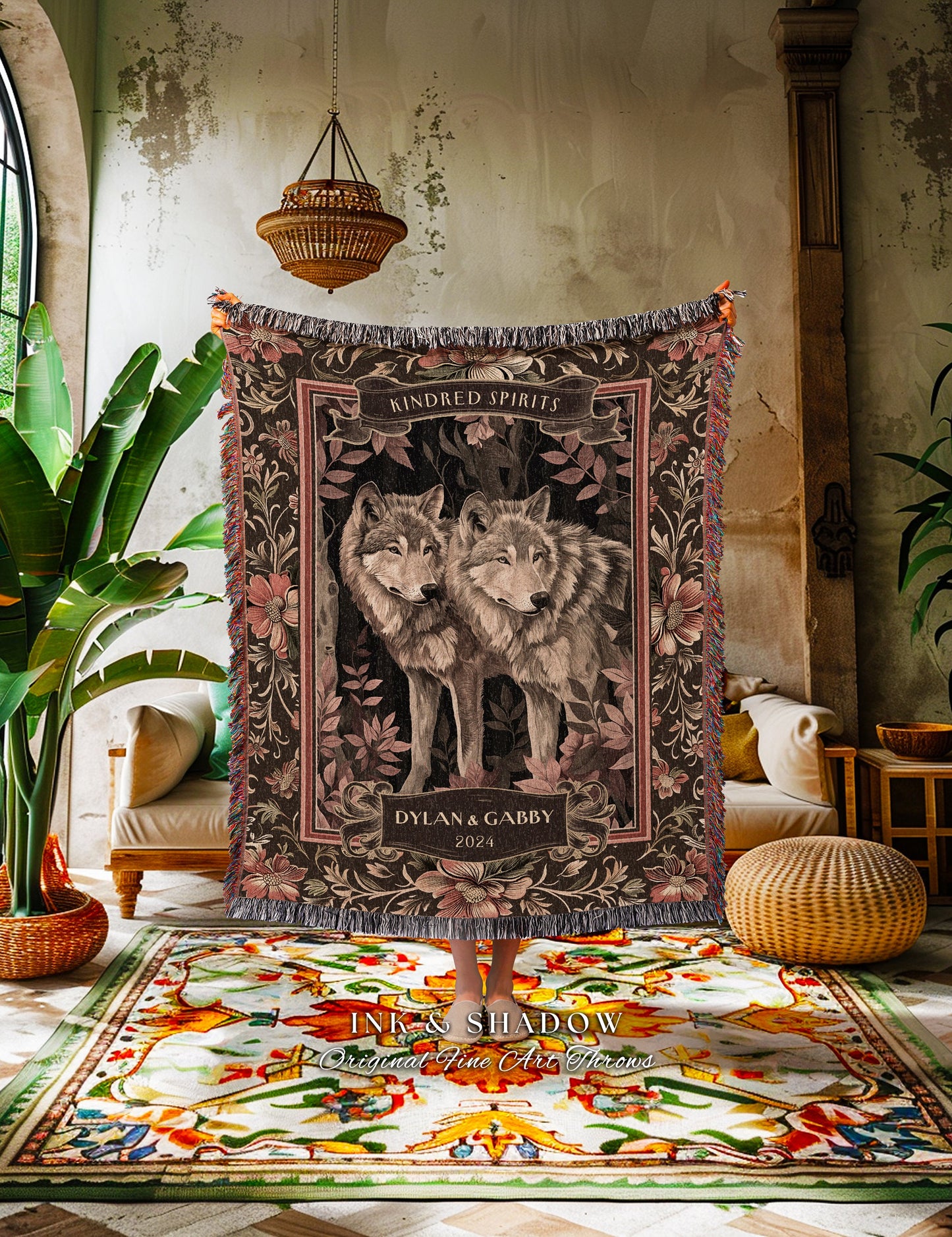 Mystic Wolf Friends Personalized Tapestry | Custom Friendiversary Sentimental Best Friend Gift Thoughtful Woven Throw Blanket for BFF Cute |