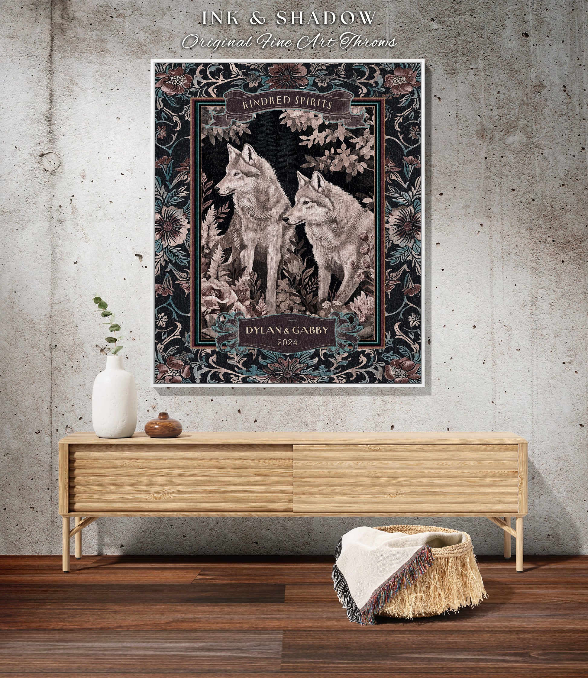 Woven Cotton Anniversary Blanket Custom | Ethereal Woodland Wolf Couple Throw Dark Cottagecore Aesthetic Cozy Woodland Gothic Couple Gift |