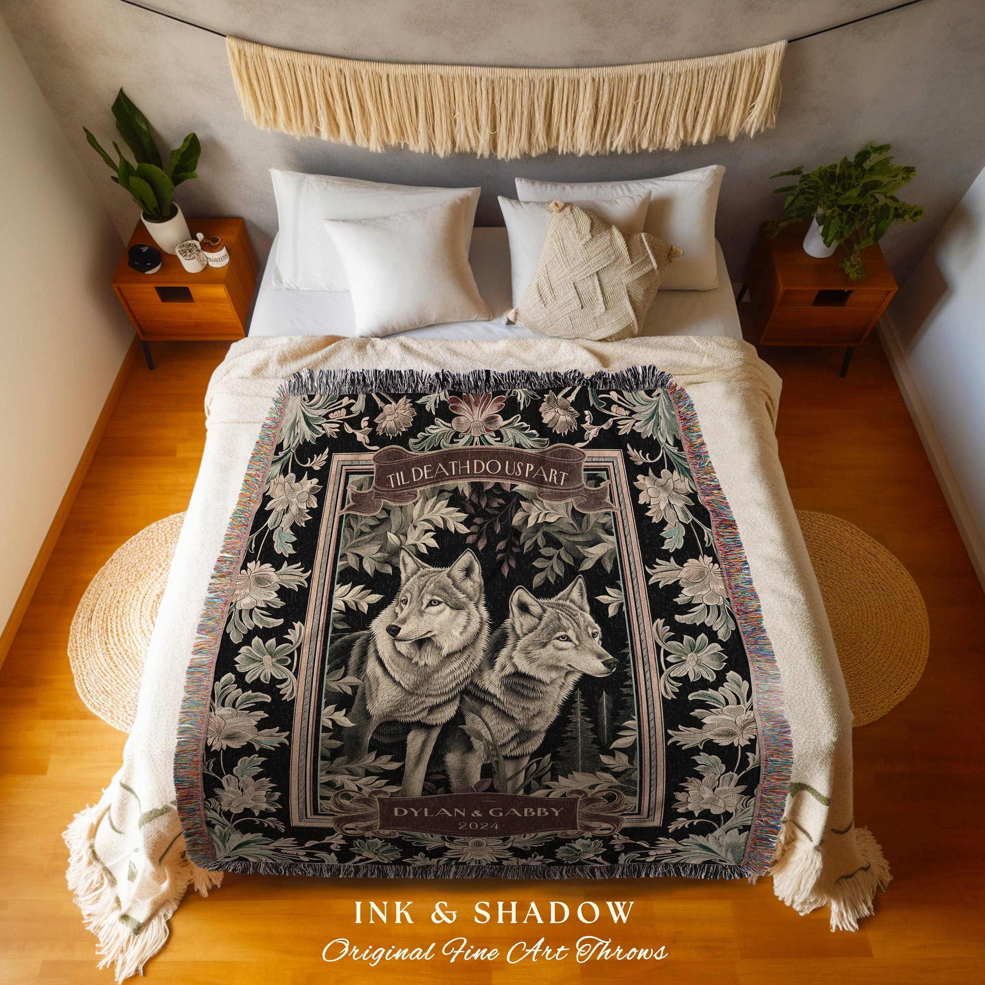 Victorian Gothic Wolf Couple Cozy Blanket | Personalized Anniversary Gift Throw Blanket Dark Cottagecore Wedding Gift for Dating Couple Cute