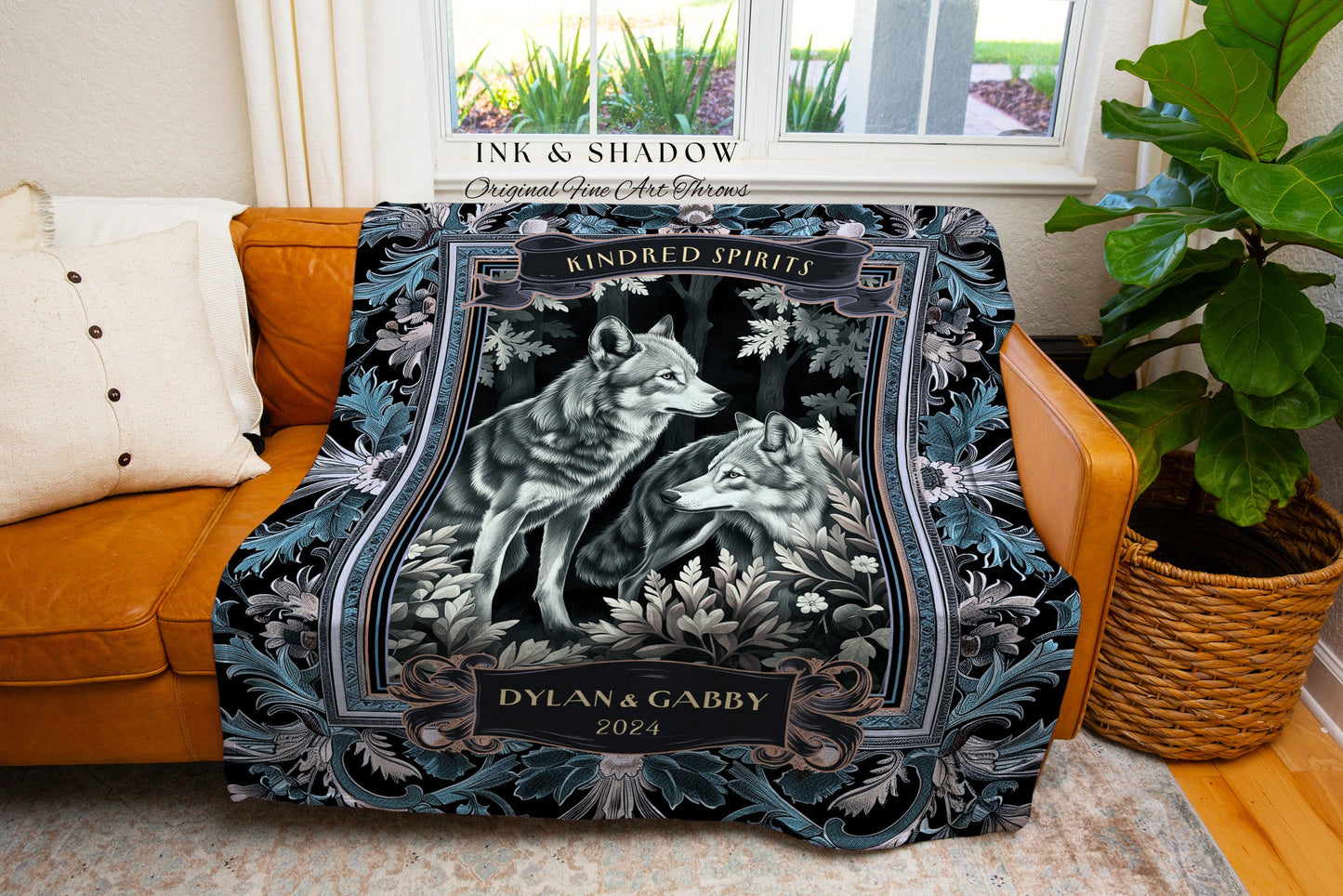 Misty Blue Wolf Couple Personalized Tapestry | Woodland Gothic Wolf Lover Custom Throw Blanket Dark Floral Aesthetic Anniversary Cute Gift |