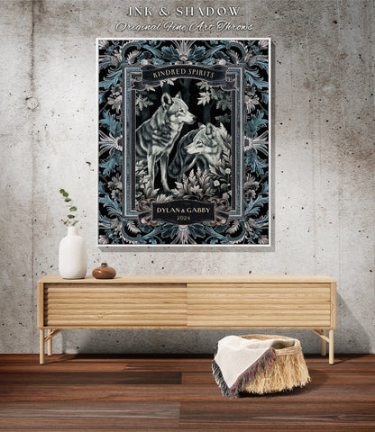 Misty Blue Wolf Couple Personalized Tapestry | Woodland Gothic Wolf Lover Custom Throw Blanket Dark Floral Aesthetic Anniversary Cute Gift |