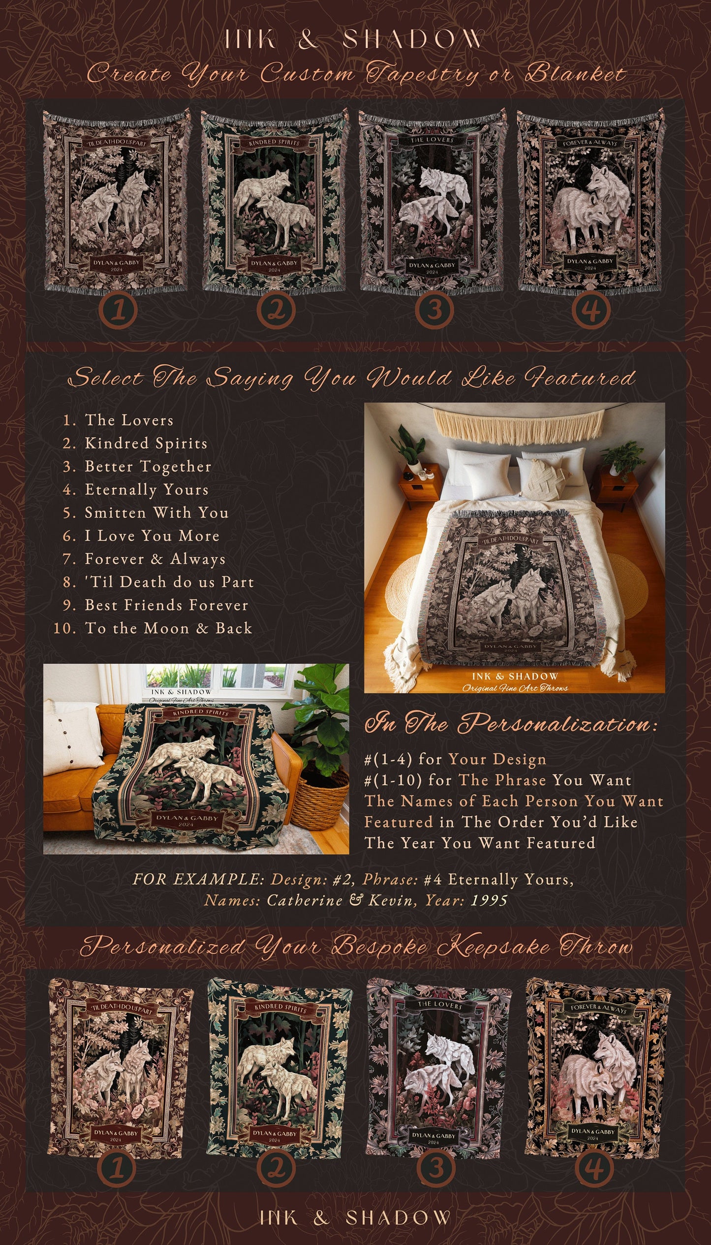 Wolf Lovers Custom Anniversary Blanket | Cottagecore Woodland Wolf Couple Throw Dark Floral Aesthetic Cozy Woodland Gothic Couple Gifts |