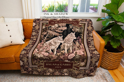 Wolf Lovers Custom Anniversary Blanket | Cottagecore Woodland Wolf Couple Throw Dark Floral Aesthetic Cozy Woodland Gothic Couple Gifts |