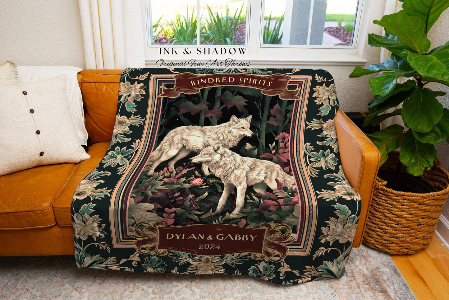 Playful Wolves Custom Couple Woven Tapestry | Woodland Gothic Wolf Lover Custom Tapestry Blanket Dark Academia Aesthetic Anniversary Cute |