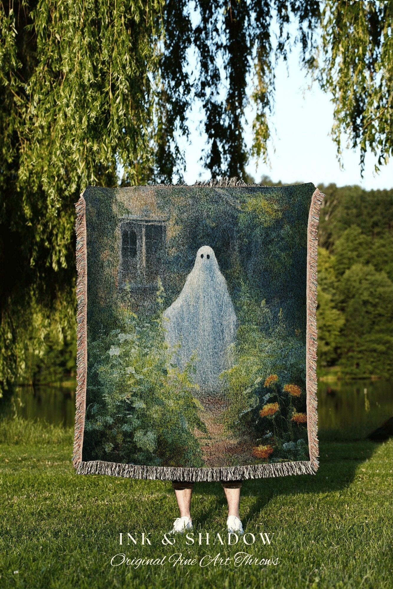 Whimsigoth Garden Ghost Halloween Art Blanket Woven | Fall Aesthetic Vintage Ghost Art Woven Tapestry Halloween Decor Dark Academia Blanket