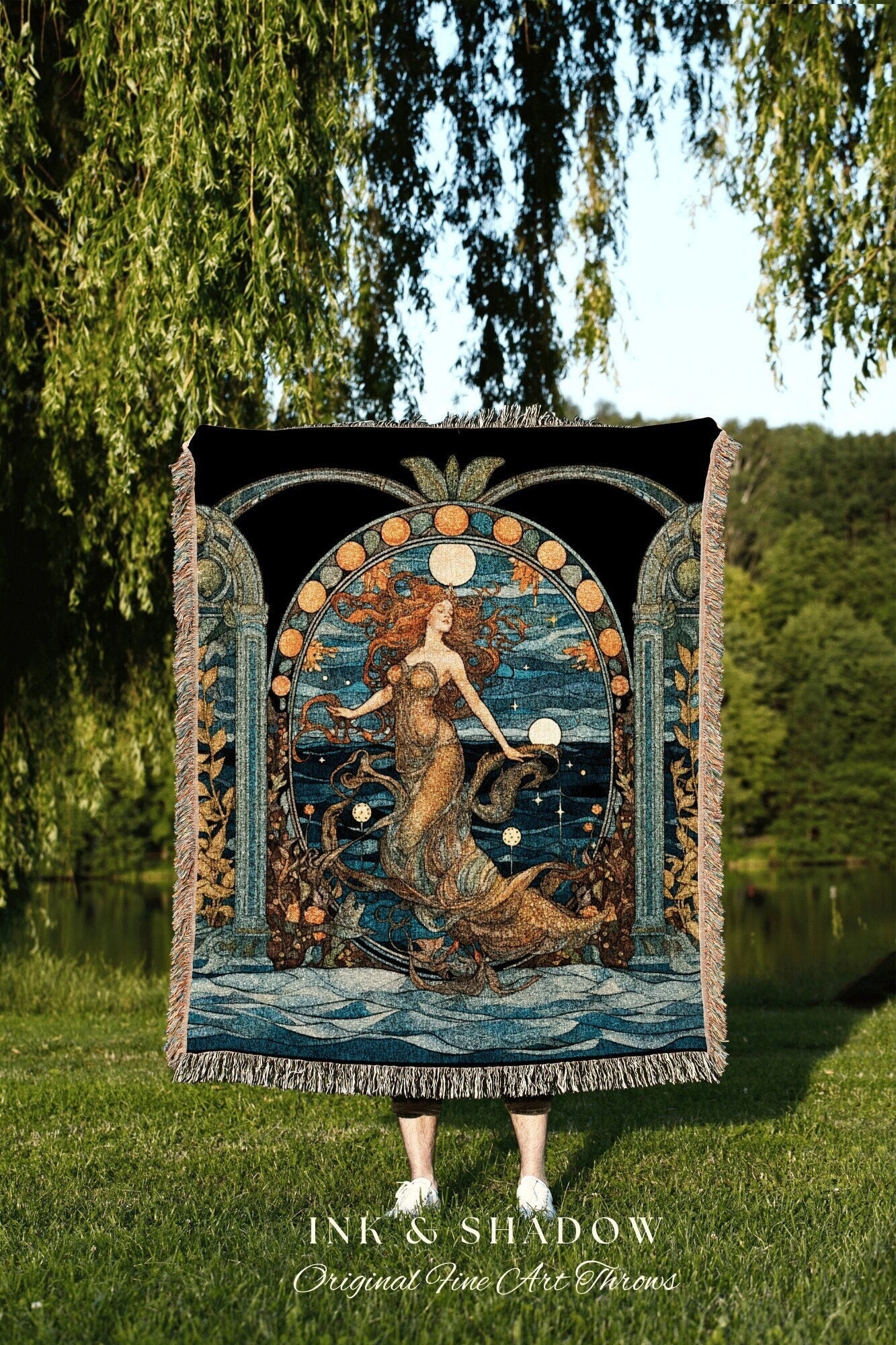 Vintage Mermaid Art Nouveau Sea Witch Tapestry Mermaidcore Wall Art Celestial Decor Throw Blanket Woven | Mermaid Aesthetic Bedroom Decor |