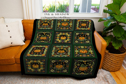 Cozy Dark Green Pumpkin Blanket for Halloween Lovers Aesthetic Bohemian Bedding for Fall Goth Home Decor Mystic Cottagecore Throw Blanket