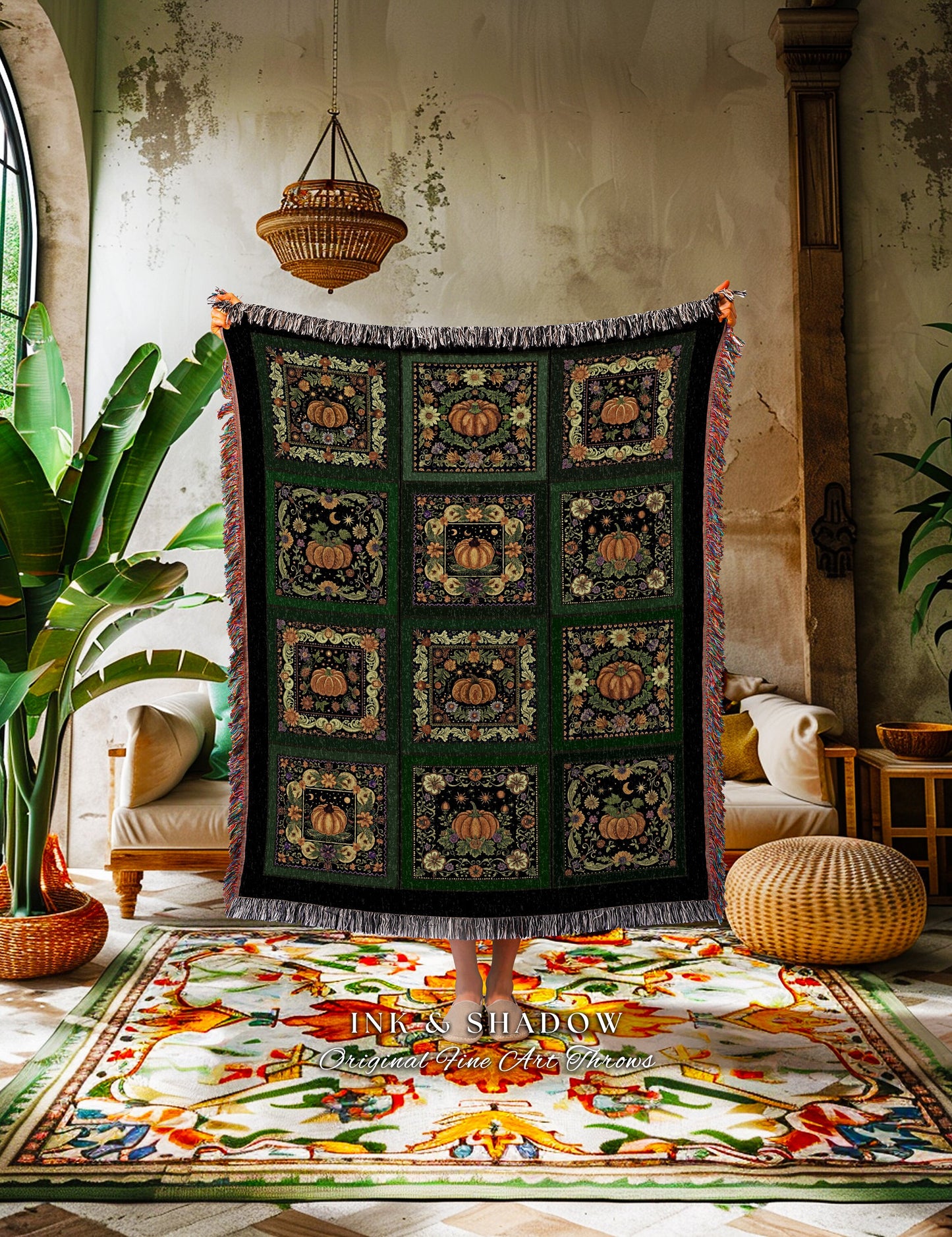 Cozy Dark Green Pumpkin Blanket for Halloween Lovers Aesthetic Bohemian Bedding for Fall Goth Home Decor Mystic Cottagecore Throw Blanket