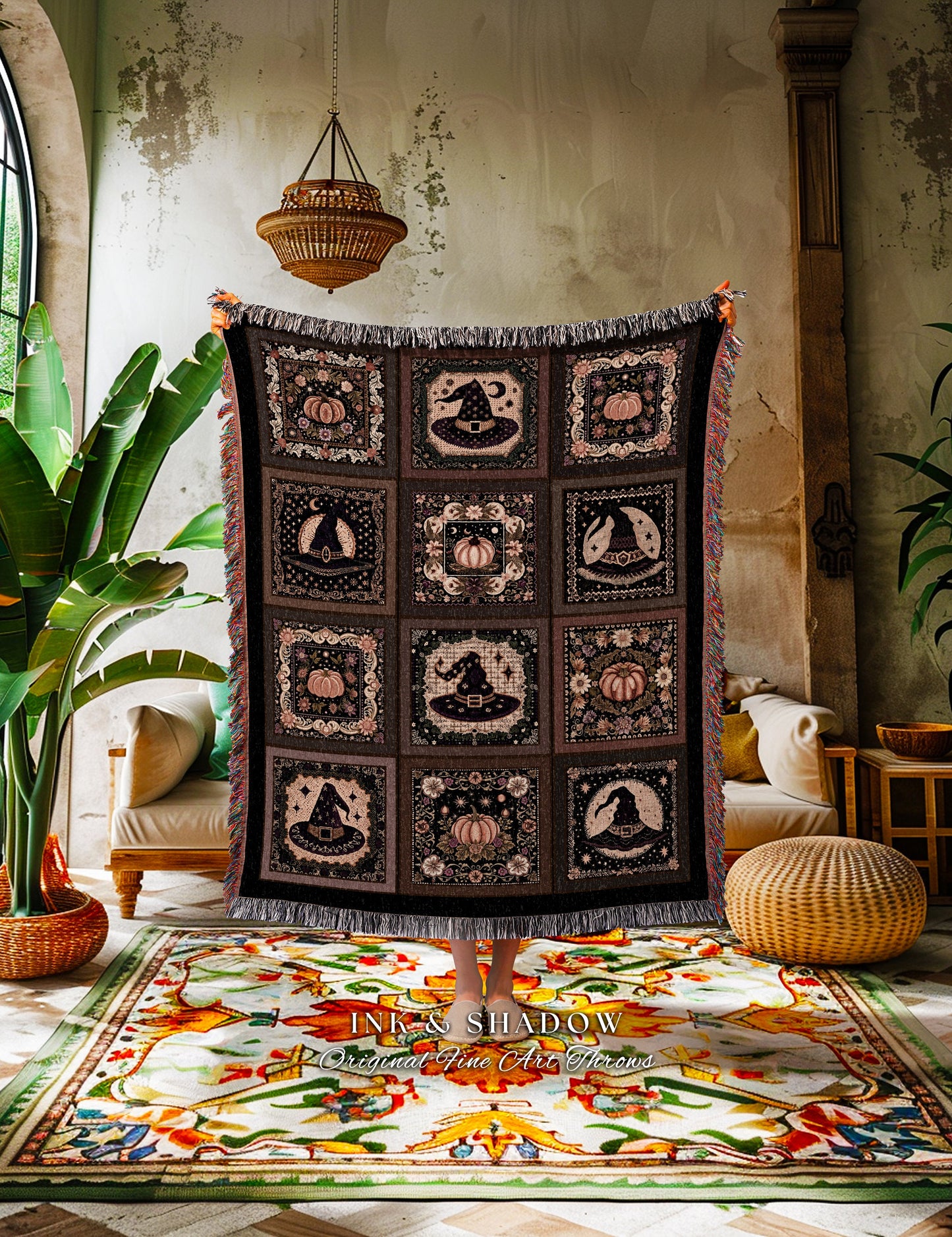 Vintage Aesthetic Witchy Pumpkin Woven Cotten Throw Blanket | Spooky Season Dark Cottagecore Gothic Witch Tapestry Retro Fall Vibes Decor