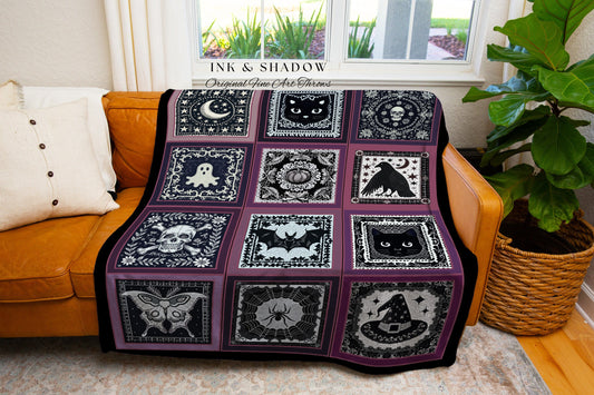 Gothic Witchy Purple Halloween Blanket Cozy Decor Witch Cottagecore Art Retro Spooky Season Gift Pumpkin Bat Ghost Tapestry Grunge Fairycore