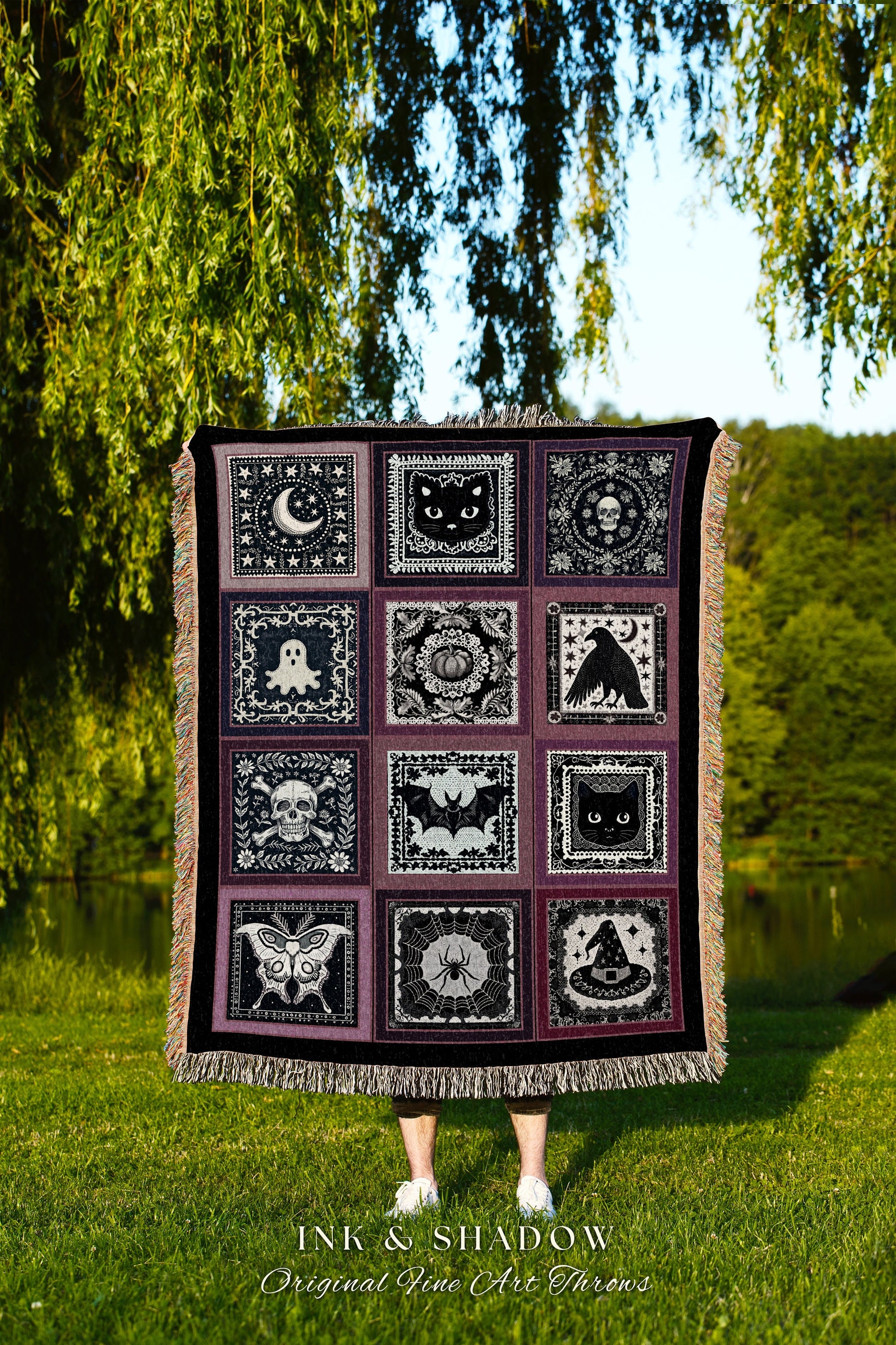 Gothic Witchy Purple Halloween Blanket Cozy Decor Witch Cottagecore Art Retro Spooky Season Gift Pumpkin Bat Ghost Tapestry Grunge Fairycore