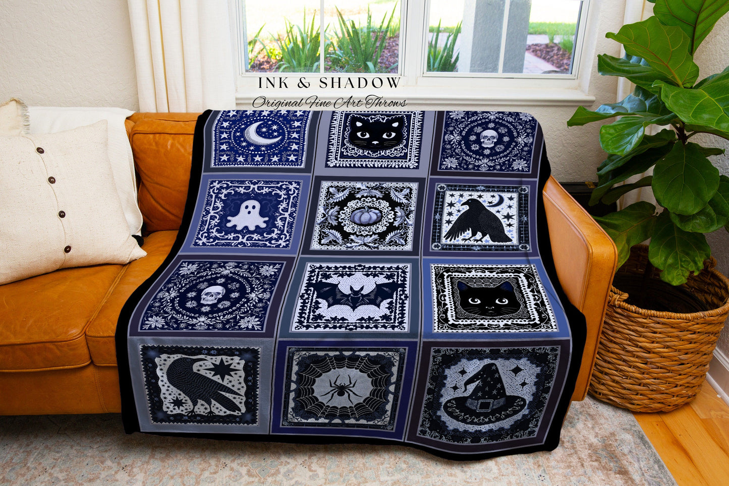 Indigo Blue Gothic Halloween Blanket Witchy Magic Whimsical Unique Spooky Nights Gift Mystic Throw Blanket Cozy Elegance Whimsigoth Decor