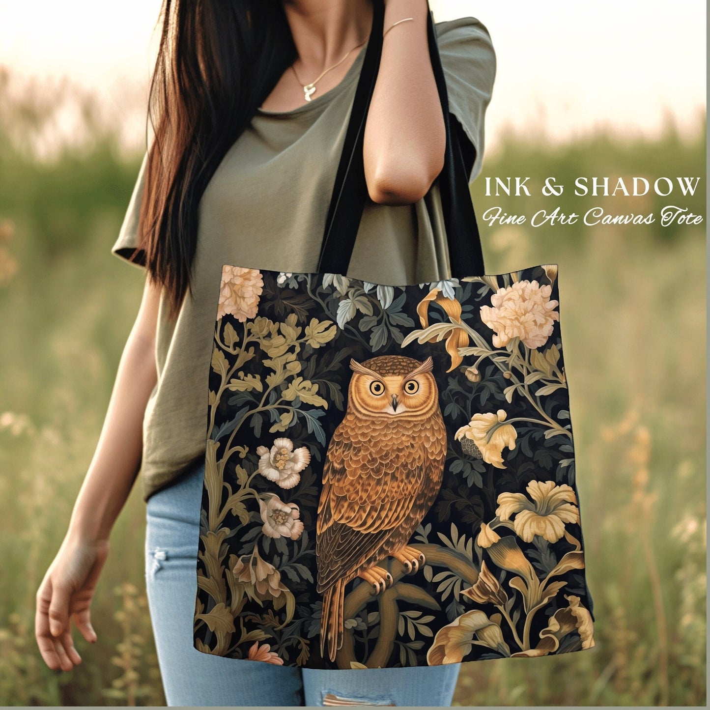 Whimsigoth Owl Tote Bag Botanical | Whimsical William Morris Inspired Tote Bag Aesthetic Goth Tapestry Tote Woven Victorian Fairy Core Owl |