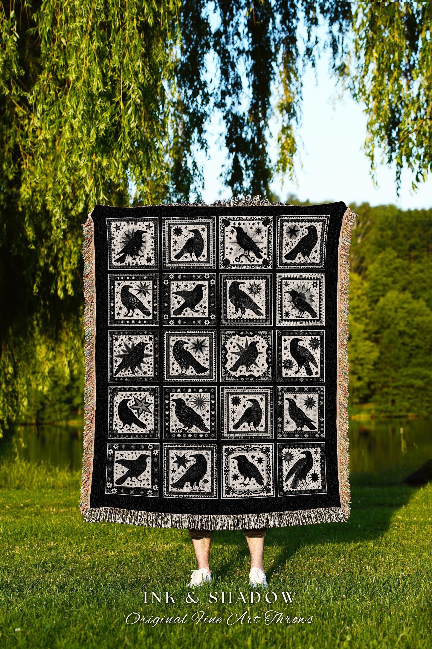 Retro Gothic Crow Tapestry Blanket | Witchy Cottagecore Woven Tapestry Raven Halloween Home Decor Crowcore Woven Gothic Aesthetic Bedroom |