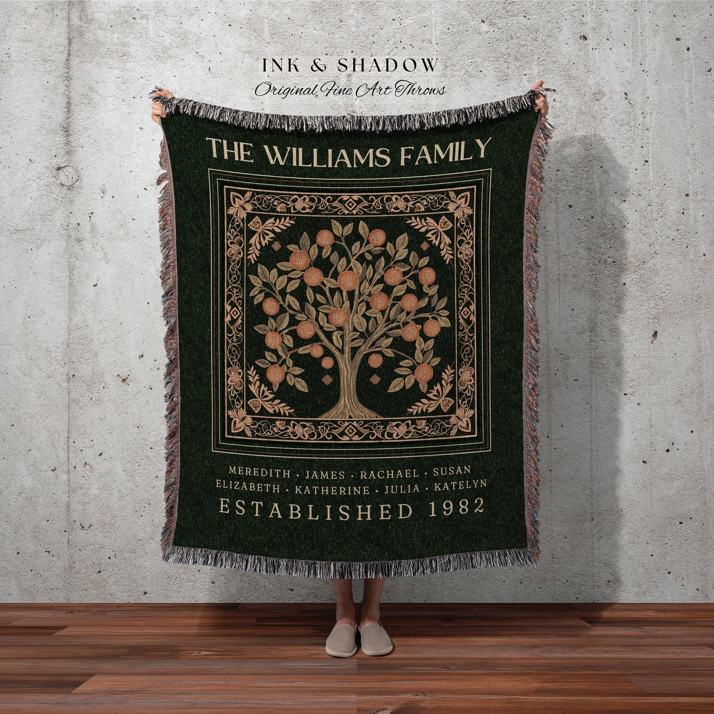 Forest Green Family Tree Personalized Blanket | Customized Heritage Tapestry Custom Gift for Grandma Sentimental for Grandparens Family Name