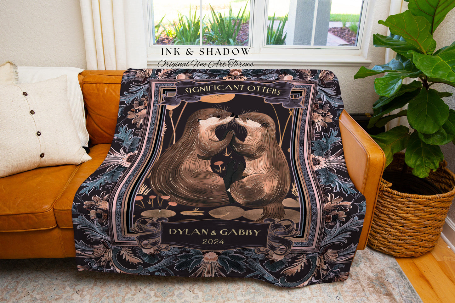 Cute Otter Lovers Custom Woven Blanket | His & Her Wedding Gift Significant Otters Woven Tapestry for Dating Anniversary Gift Victorian Goth