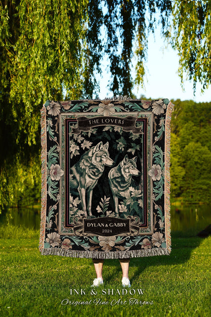 Dark Floral Wolf Couple Blanket 'The Lovers' | Personalized Tapestry Meaningful Throw Blanket Dark Cottagecore Gift Outdoorsy Couple Cute |