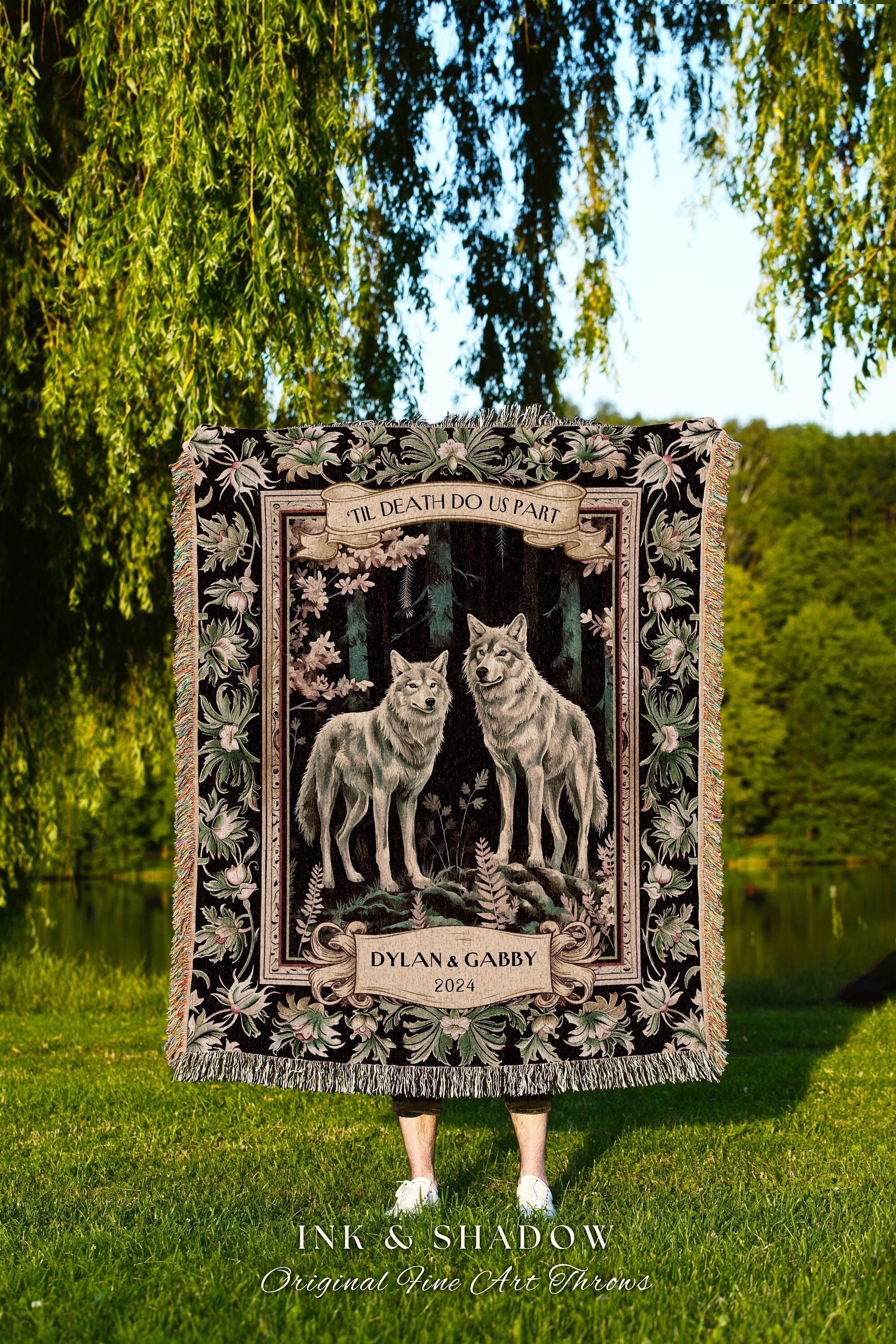 Medieval Forest Wolf Couple Blanket | His & Hers Personalized Tapestry Woodland Throw Blanket Dark Cottagecore Gift Outdoorsy Couple for Her