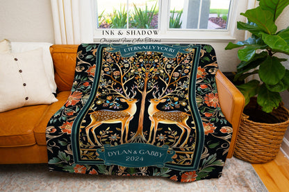 Magic Woods Ethereal Anniversary Gift | Personalized Woodland Deer Gift for Him & Her Wedding Tapestry Woven Whimsical Cozy Throw Blanket |