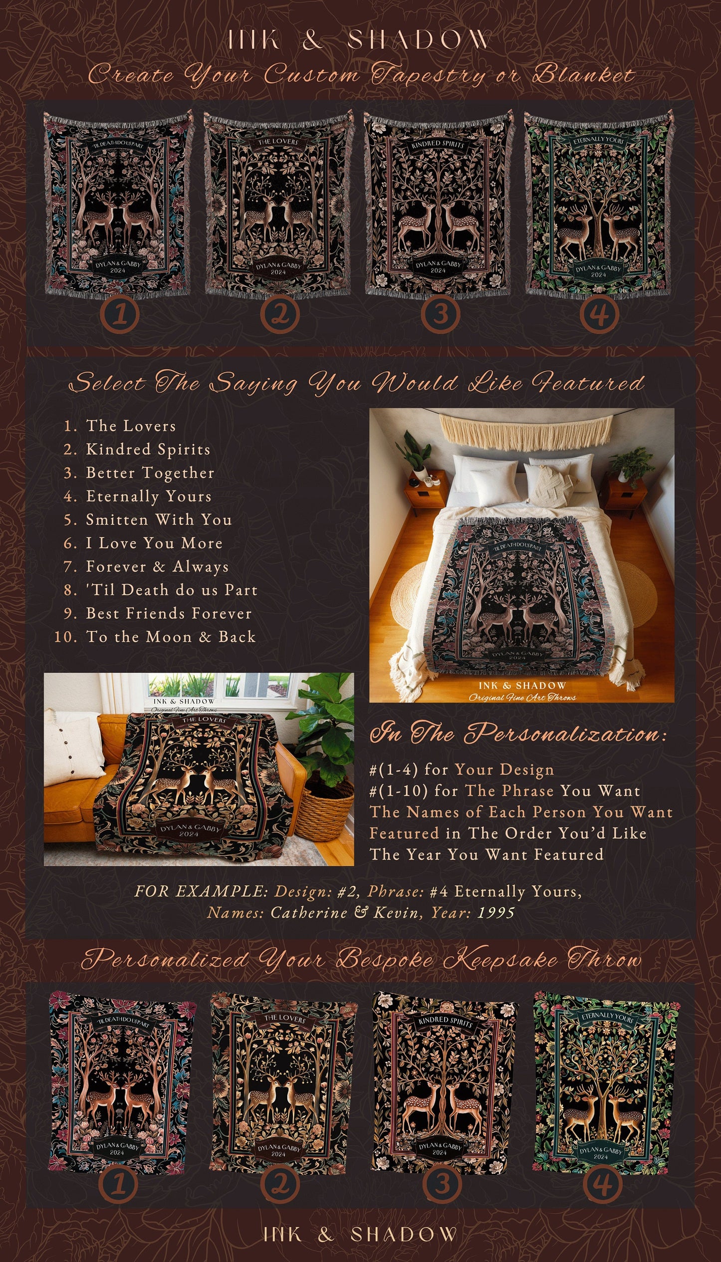 Whimsical Deer Couple Custom Name Blanket | Personalized Ethereal Magical Aesthetic Cottagecore Anniversary Tapestry Woven Throw Whimsigoth