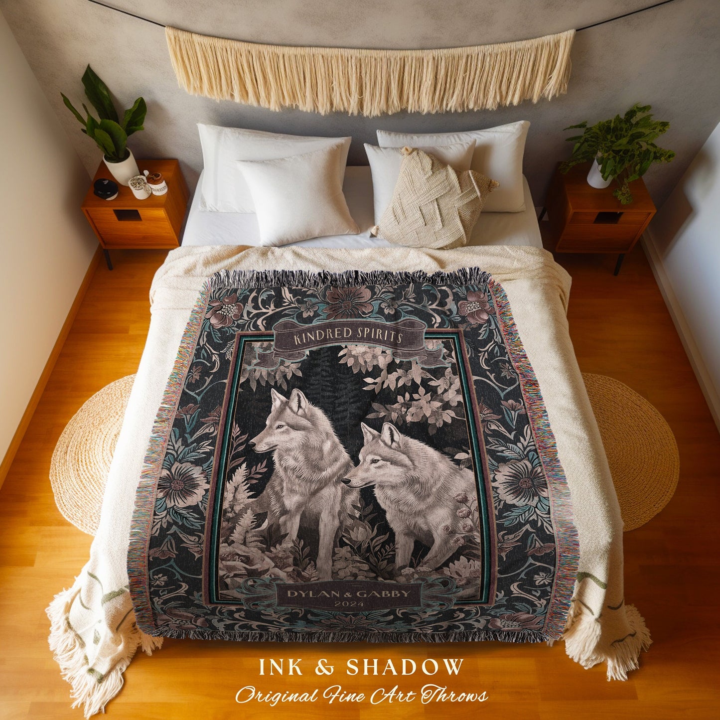 Woven Cotton Anniversary Blanket Custom | Ethereal Woodland Wolf Couple Throw Dark Cottagecore Aesthetic Cozy Woodland Gothic Couple Gift |