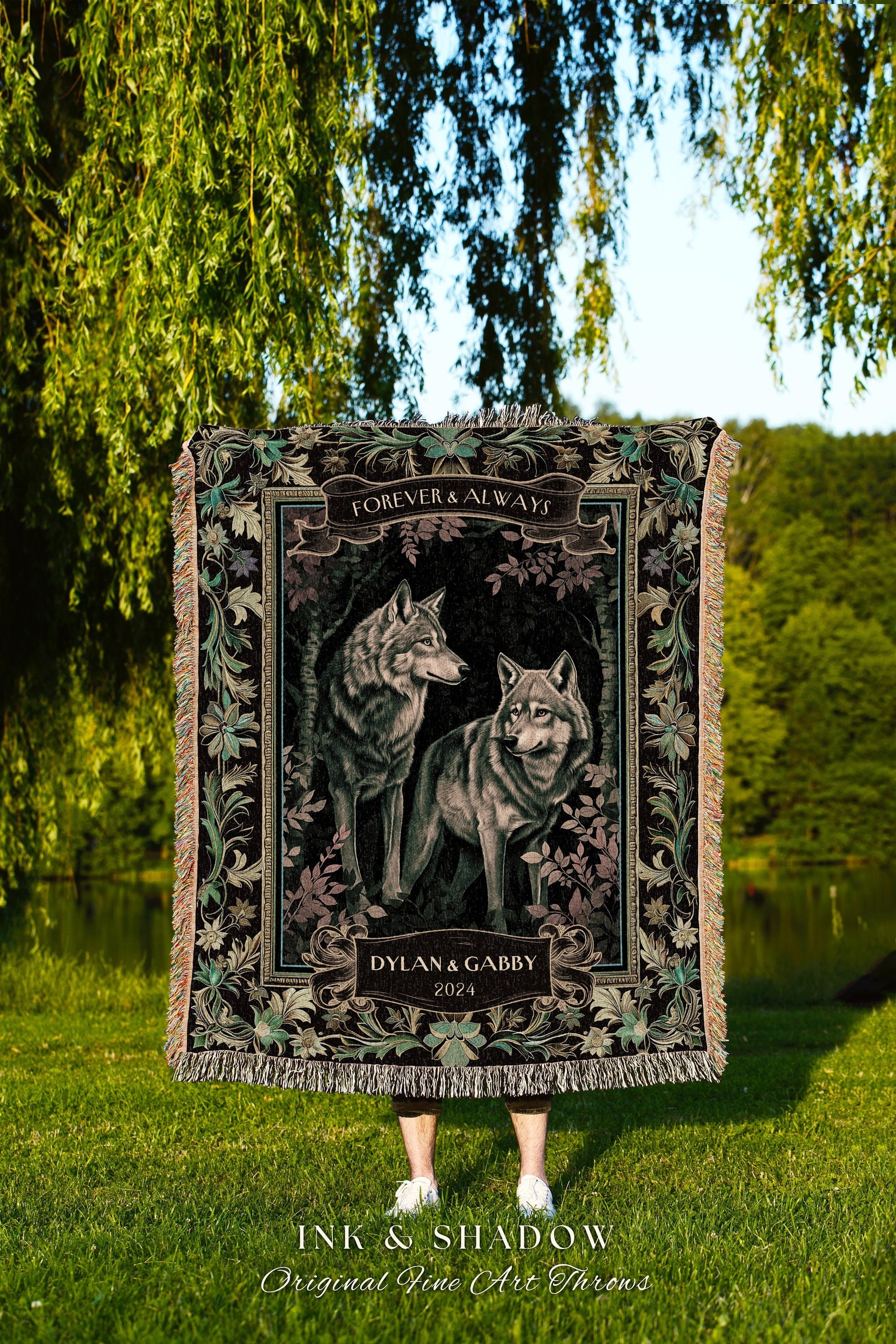 Fairycore Wolf Couple Personalized Woven Blanket | Witchy Woodland Wolf Lovers Throw Dark Floral Aesthetic Cozy Relationship Gothic Forest |