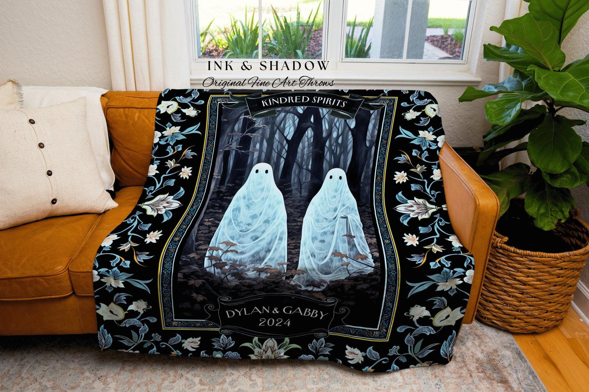 Pastel Blue Ghost Couple Mystic Blanket | Anniversary Throw Custom Ghost Couple Tapestry Woven Tapestry Gift for Boyfriend Sentimental |