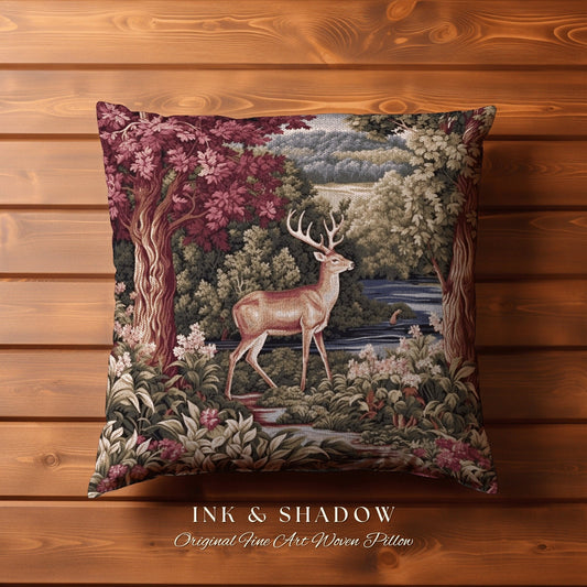 Mauve Woodland Deer Pillow | Ornate Deer Tapestry Witchy Decor Cottagecore Gift Crowcore Aesthetic Room Decor Mystical Deer Throw Pillow