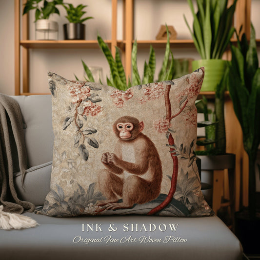 Light Victorian Gothic Monkey Pillow Jungle Aesthetic Decor Soft Cottagecore Woven Tapestry Throw Pillow Vintage Aesthetic Fairycore Decor