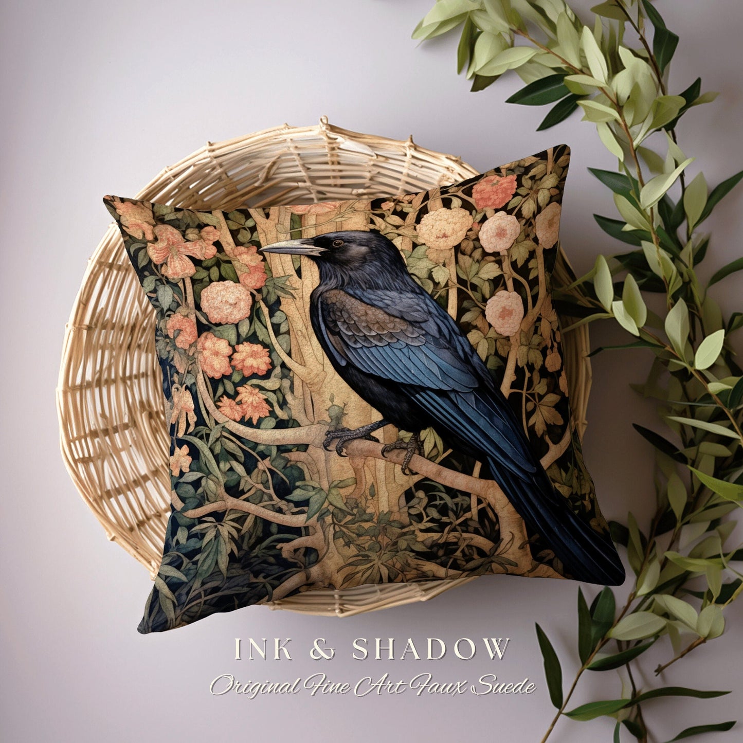 Dark Raven Accent Pillow | Gothic Decor Crowcore William Morris Inspired Pillow Aesthetic Medieval Woven Pillow Victorian Crow Core