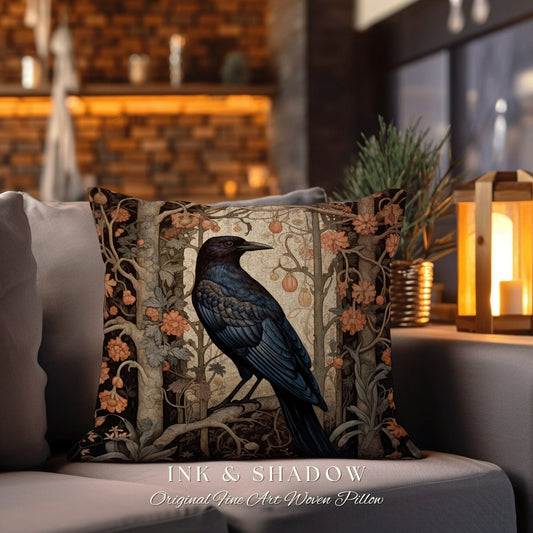 Crowcore Throw Pillow | Dark Cottagecore William Morris Inspired Pillow Aesthetic Medieval Woven Pillow Victorian Gothic Fox Dark Botanical