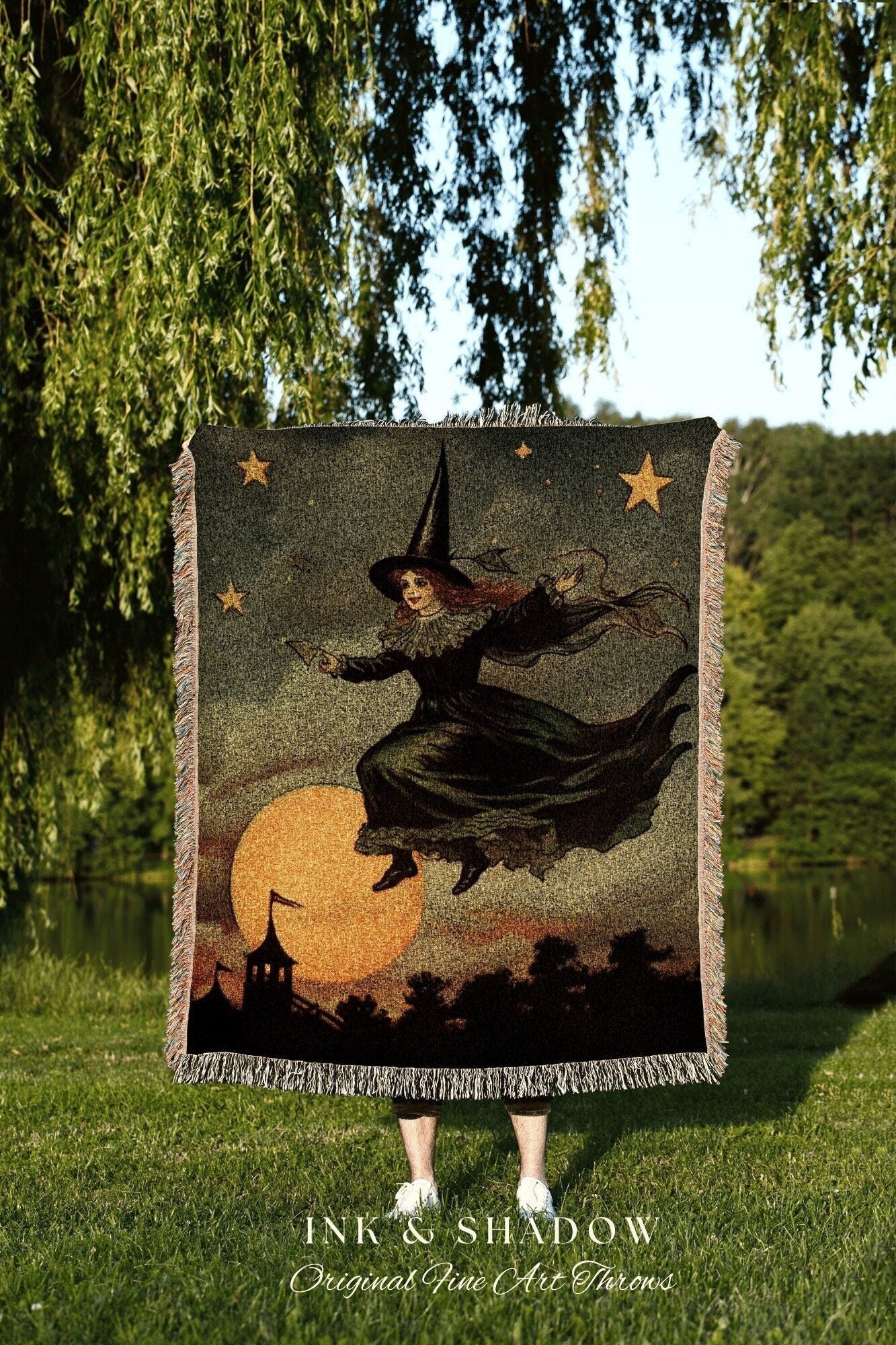 Retro Witch Blanket Tapestry Art Blanket Halloween Retro Aesthetic | Witchy Room Decor Goth Aesthetic Halloween | Antique Halloween Art Cute