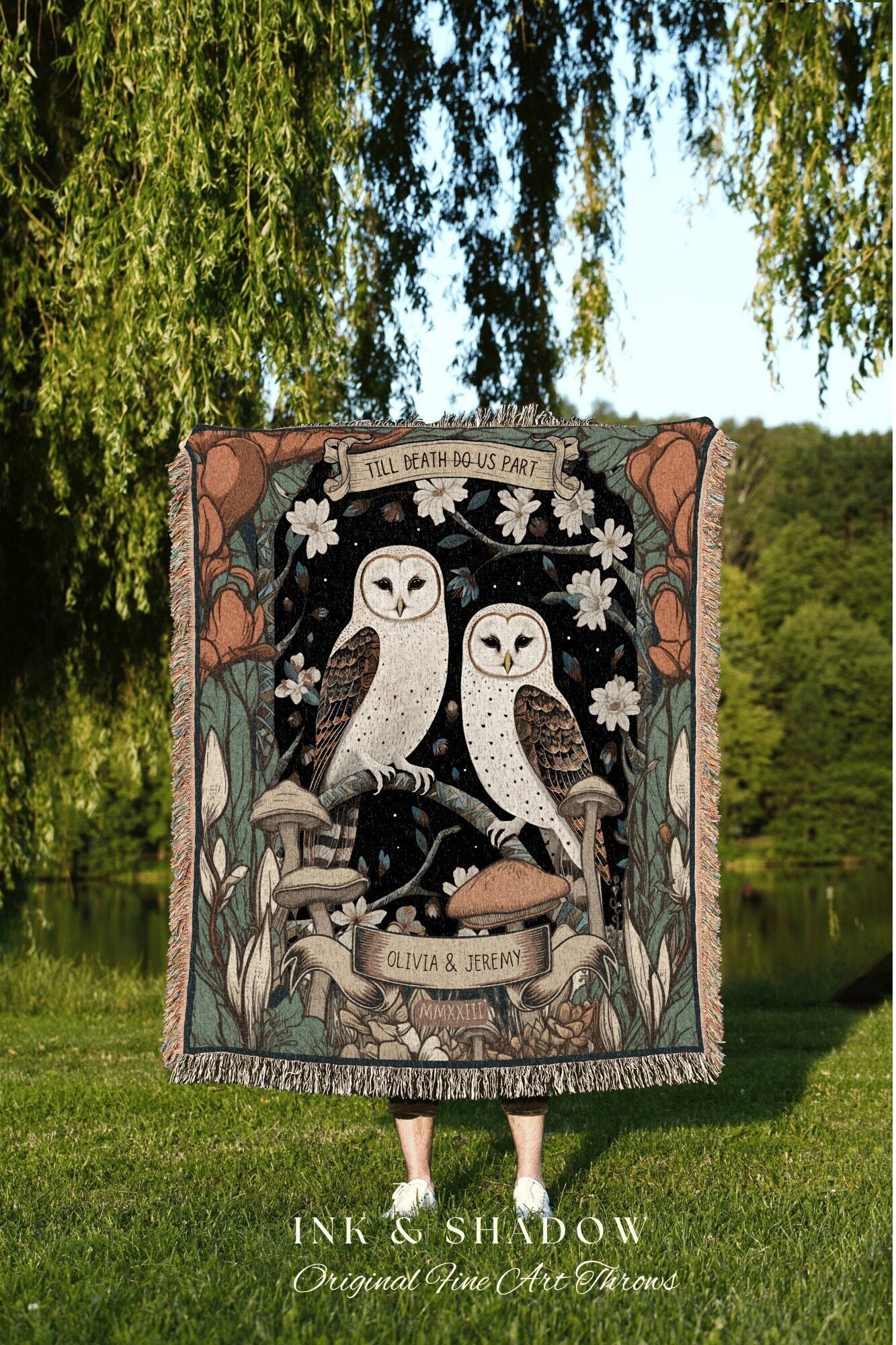 Barn Owl Couples Throw Blanket | Cottagecore Wedding Gothic Owl Throw Couples Tapestry Personalized His & Hers Anniversary Throw Blanket |