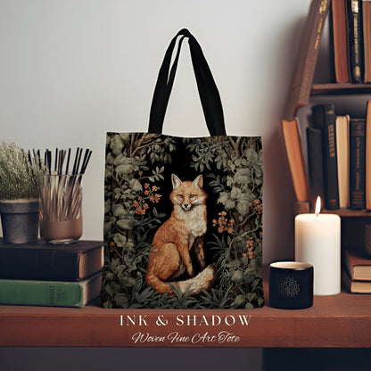 Dark Botanical Fox Tapestry Tote Woven | Dark Academia William Morris Inspired Tote Bag Aesthetic Medieval Woven Tapestry Bag Victorian Fox