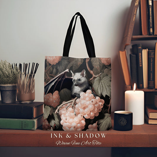 Soft Cottagecore Bat Gothic Tapestry Tote Gift for Bat Lovers Light Academia Floral Shoulderbag Witchy Bookbag Whimsigothic Tapestry Bag