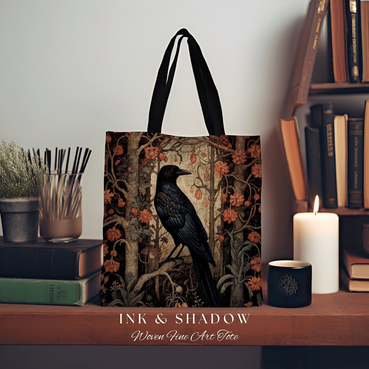 Dark Floral Crowcore Tapestry Bag | Gothic Tote William Morris Inspired Raven Tote Bag Crow Core Satchel Maximalist Tapestry Tote Bag Woven