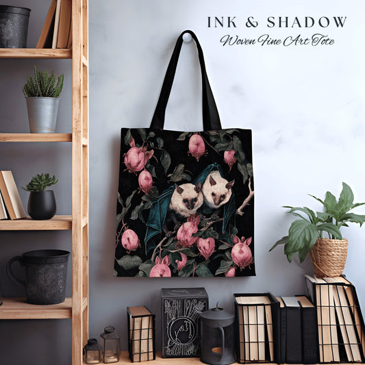 Fruit Bat Woven Tote Bag | Gothic Gift for Bat Lover Dark Cottagecore Dark Floral Satchel Witchy Bookbag Pastel Goth Crowcore Tapestry Bag