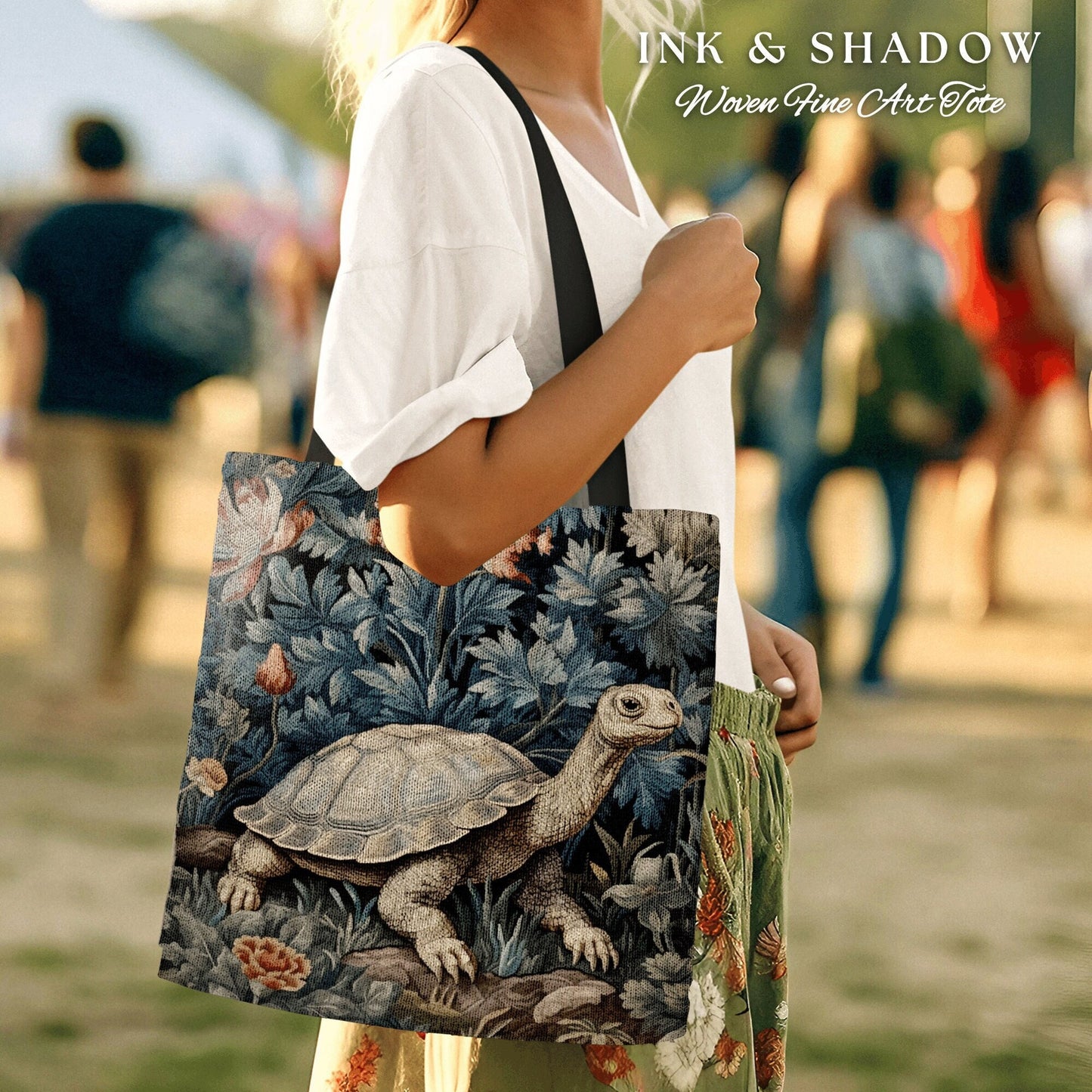 Moody Botanical Woven Tortoise Tote Bag Vintage Aesthetic Botanical William Morris Inspired Turtle Cottagecore Tapestry Tote Gobincore Bag