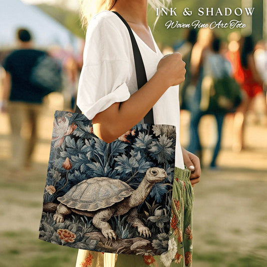 Moody Botanical Woven Tortoise Tote Bag Vintage Aesthetic Botanical William Morris Inspired Turtle Cottagecore Tapestry Tote Gobincore Bag