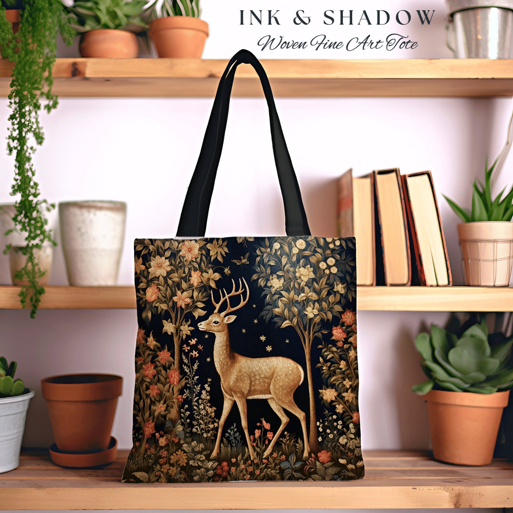 Whimsical Deer Tote Bag Baraoque Aesthetic Forestcore Bag | Folk Art Tapestry Shoulderbag Woven Cottagecore Fairycore Deer Woodland Gift